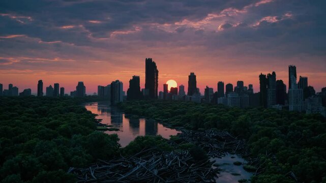 Nature reclaiming a crumbling metropolis at sunrise with dense trees and winding river, symbolizing rebirth, environmental power, and the inevitable return of the wild to urban ruins