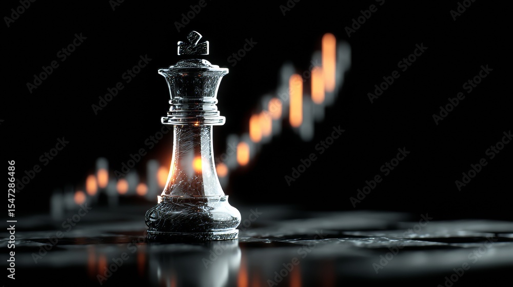 Poster a chessboard with illuminated pieces is set against a backdrop of financial graphs, with the king pi