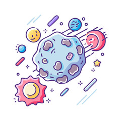 Whimsical Cartoon Asteroid and Planets Floating in a Colorful Space Scene