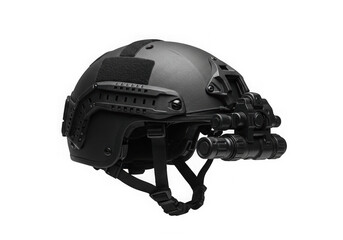 Fototapeta premium Image showcases a tactical helmet with night vision optics against a transparent background.