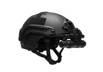 Image showcases a tactical helmet with night vision optics against a transparent background.