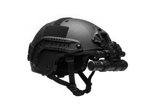 Image showcases a tactical helmet with night vision optics against a transparent background.