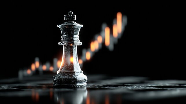 A chessboard with illuminated pieces is set against a backdrop of financial graphs, with the king piece prominently displayed to symbolize strategic planning and market evaluation - Powered by Adobe