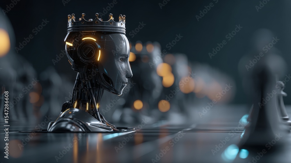 Poster a robot wearing a crown is completely absorbed in playing chess with an opponent who remains out of 
