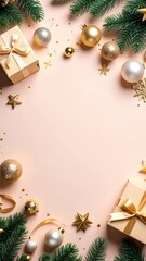 Festive gift arrangement with ornaments and greenery holiday season decorative image cozy environment top view celebration concept