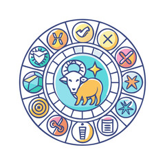 Aries zodiac sign illustration with various elements forming circular background