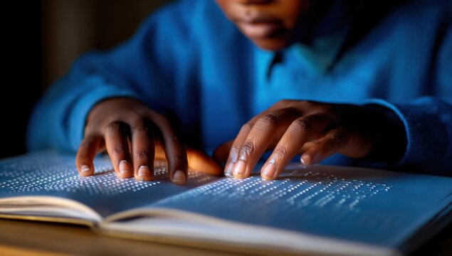 Reading with Touch: A young student explores the world through Braille in soft light.