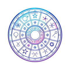 Watercolor Astrological Chart with Zodiac Signs and Celestial Symbols on White Background
