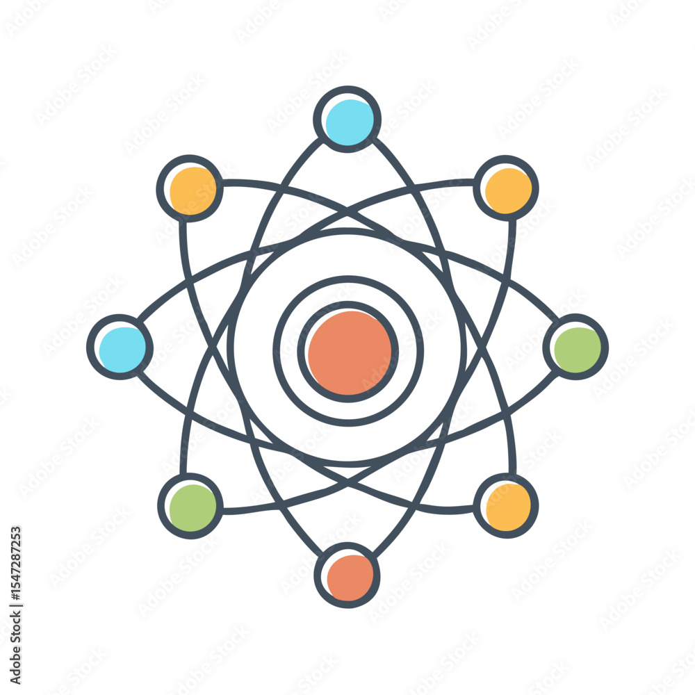 Poster colorful atomic structure with circular orbitals and central nucleus representation
