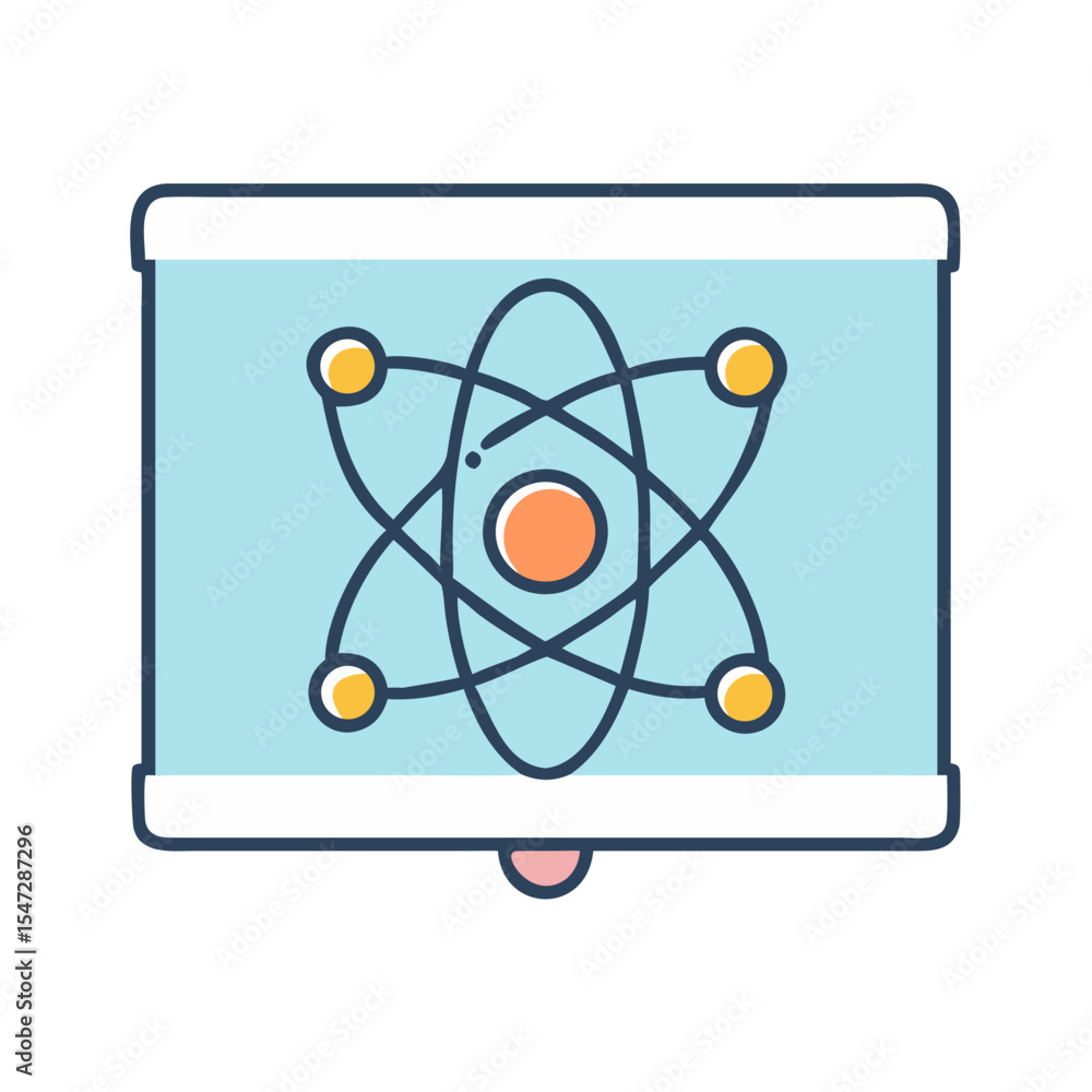 Poster presentation slide showing a colorful atom structure with electrons orbiting the nucleus