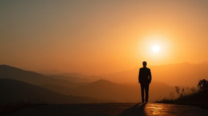 Obraz premium Solitude at Sunrise: A lone figure stands silhouetted against a breathtaking sunrise over a misty mountain range, contemplating the vastness of the landscape.