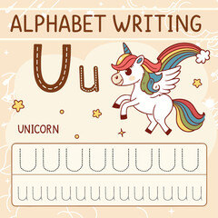 Unicorn Alphabet Tracing Worksheet Featuring Letter U