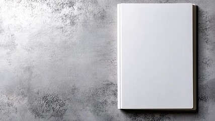 Blank white book cover mockup on gray concrete texture background overhead view with empty copy space ideal for custom design presentation or branding projects