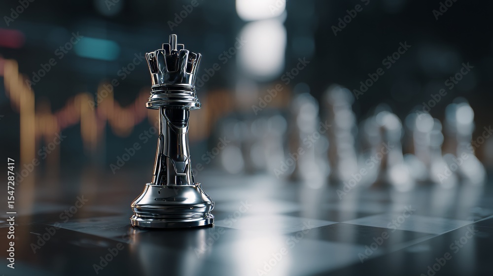 Poster a futuristic chess match takes place on a board with illuminated pieces, set against a backdrop of g