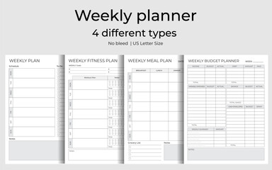 Weekly Planner Logbook Tracker Bundle Set – Vector Illustration for KDP Interior | Printable Low Content Organizers | 4 in 1 Layout 