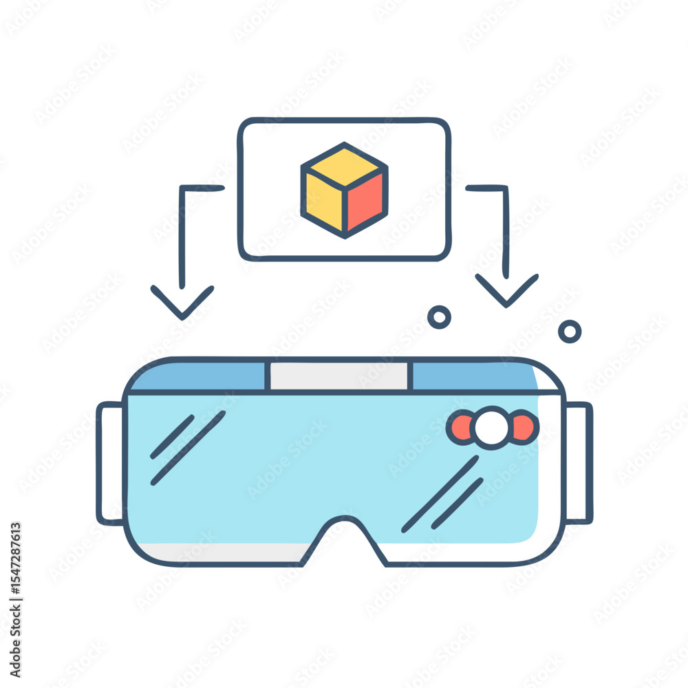 Poster augmented reality headset with cube above, technology and virtual simulations