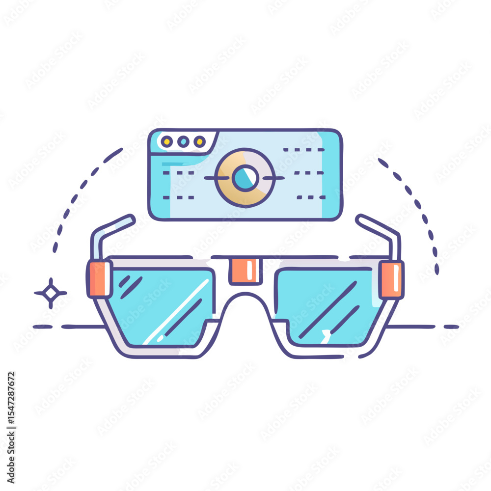 Poster stylized image of augmented reality glasses and a data visualization interface