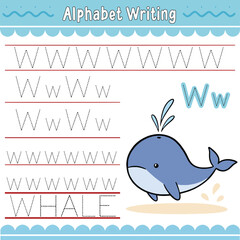 Educational Alphabet Writing Worksheet Featuring a Playful Cartoon Whale Illustration
