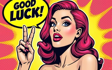 Pop art female face. Sexy young woman winks with pink hair and open smile, crossed fingers for luck symbol and Good Luck speech bubble on halftone. Vector colorful illustration in retro comic style.