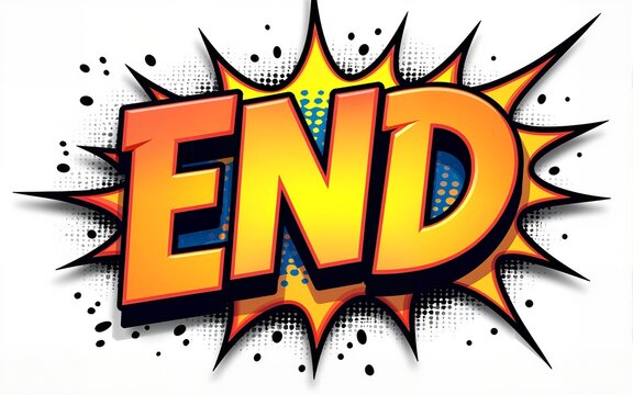 Comic book style explosion word END bold letters, vibrant colors, pop art design. Textured background splatters, dynamic effect, isolated white background. Graphic representation ending conclusion