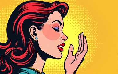 Retro Pop Art style Comic Style Book panel gossip girl whispering in ear secrets with pink cheek, rumor, word-of-mouth concept vector illustration. High quality