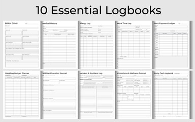 10 Essential Logbooks Tracker Bundle Set – Vector Illustration for KDP Interior. Printable Logbooks for Personal, Medical & Professional Use.