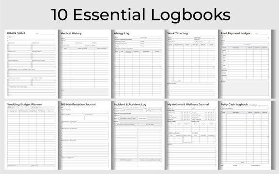 10 Essential Logbooks Tracker Bundle Set – Vector Illustration for KDP Interior. Printable Logbooks for Personal, Medical & Professional Use.