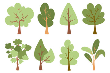 Flat tree set. Cartoon green trees collection, Woods doodle symbols set. Spring and Summer trees. Artistic forest tree icons for presentations, website, ads, school, kids, infographics, packaging. 