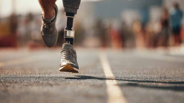 Defying Limits: A determined athlete with a prosthetic leg sprints with unwavering resolve on a track, symbolizing resilience and the pursuit of excellence.