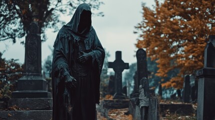 Gothic graveyard scene featuring a draped figure among weathered tombstones