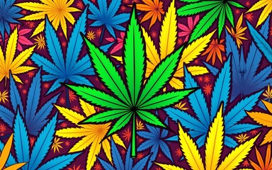 Vibrant cannabis leaf pattern design bold colors grunge texture pop art style blue and yellow leaves. High quality