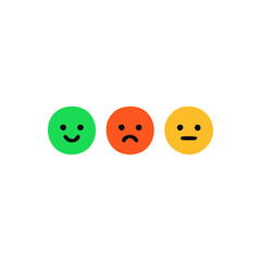 Three colored emoji faces—happy green, sad red, and neutral yellow—representing different emotions in a simple, flat rating and feedback-style design.