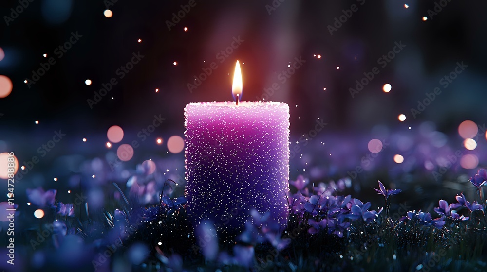 Poster glowing purple candle surrounded by tiny flowers in magical evening garden setting with bokeh lights