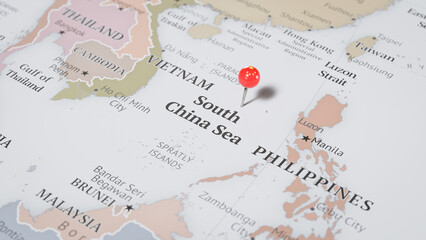A Map of the South China Sea, with a Pin Featuring the Chinese Flag