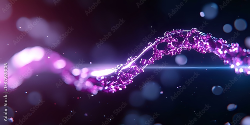 Poster glowing purple wave of particles and light streaks flowing on dark background with bokeh effect crea