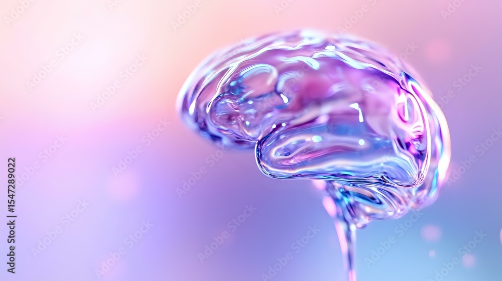 Poster translucent glass brain model with pink and purple gradient background illuminated by soft bokeh lig