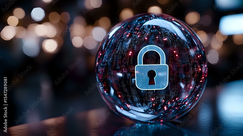 Aufkleber glowing blue padlock inside glass sphere with digital matrix background and bokeh lights, representi