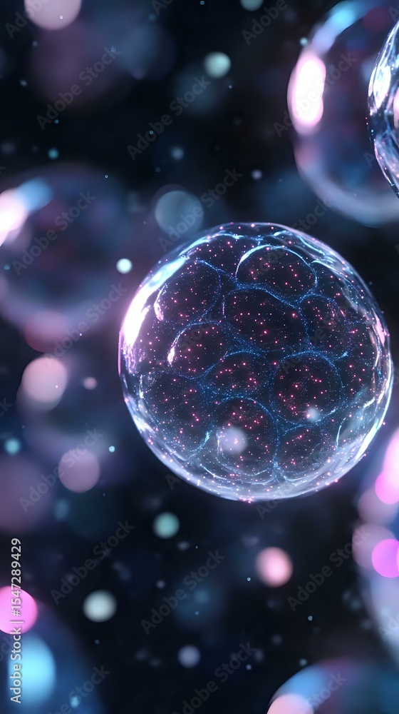 Poster glowing translucent sphere with intricate network patterns floating in dark space, illuminated by pi
