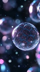 Naklejka premium Glowing translucent sphere with intricate network patterns floating in dark space, illuminated by pink and blue bokeh lights creating magical atmospheric effect.