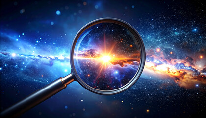 Fototapeta premium A magnifying glass examines a vibrant galaxy filled with stars and nebulae, symbolizing exploration, discovery, and scientific inquiry.