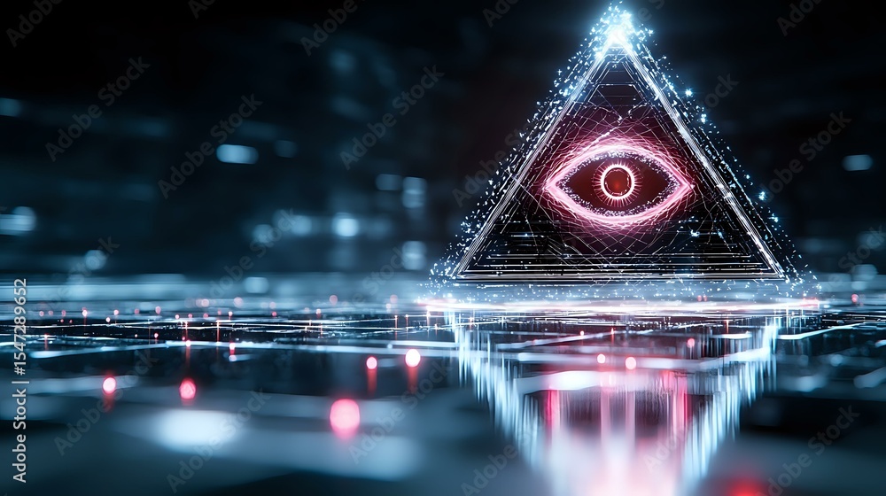 Poster glowing pink eye symbol in illuminated triangle with digital reflection on dark surface, mystical es