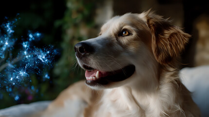 Smiling white and brown dog with magical blue sparkles and bokeh lights in background, soft focus portrait showing happiness and wonder in pet photography.