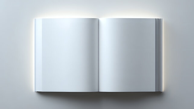 Open blank white book with glowing pages against light gray background, creating dramatic lighting effect and shadows. Suitable for educational and literary concepts.