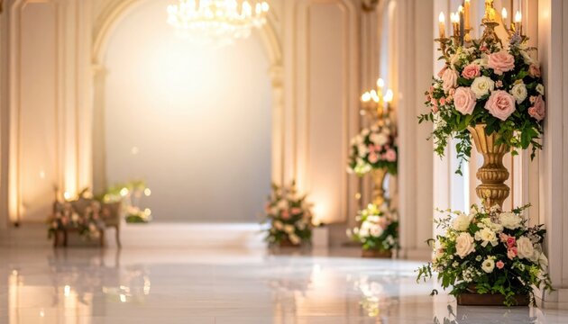 Elegant floral arrangements at a luxurious event venue indoor celebration ambient lighting romantic atmosphere