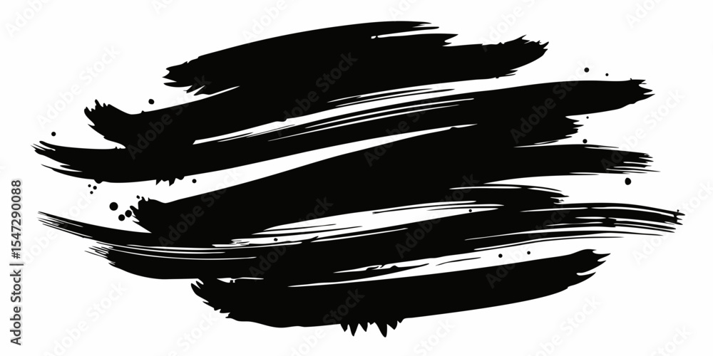 Poster abstract black ink brush strokes forming a circular shape with splatters on a white background for a