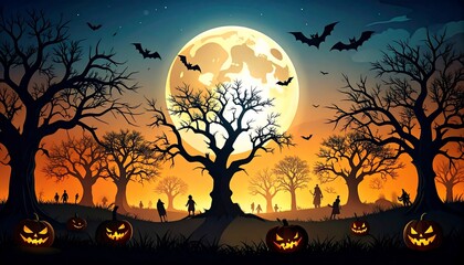 Spooky Halloween Night: Enchanting Moonlight and Silhouetted Trees