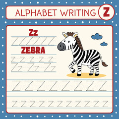 Cartoon Zebra Walking Beside Letter Z Tracing Lines for Alphabet Learning