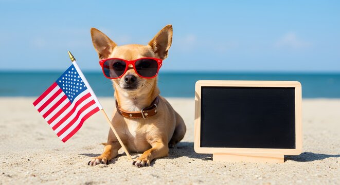 Dog Wearing Sunglasses and USA Flag – Funny Patriotic Summer Vibes
 - Powered by Adobe