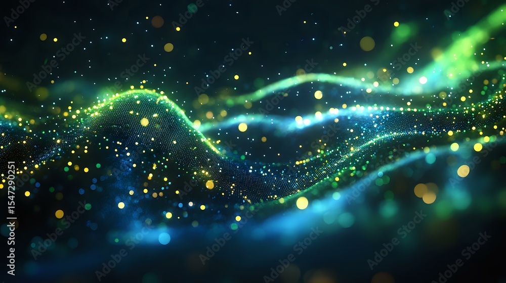Poster magical glowing waves of blue and green light with sparkling particles and bokeh effects flowing thr