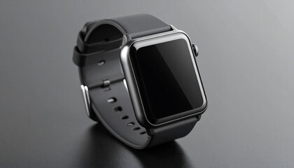 A sleek black smartwatch with a dark screen and strap, presented on a dark background.
